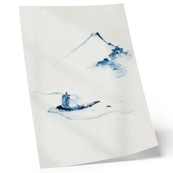 Stampa su tela Uomo su una piccola barca su un fiume con il Monte Fuji sullo sfondo di Hokusai (1830-1850)