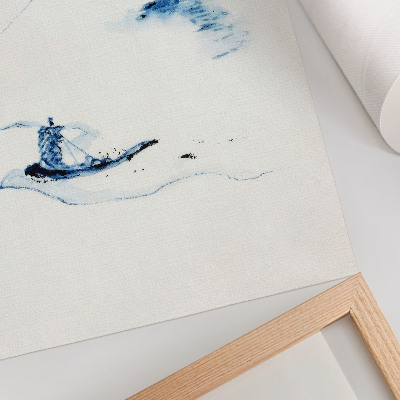 Foto su tela Uomo su una piccola barca su un fiume con il Monte Fuji sullo sfondo (1830-1850) di Hokusai
