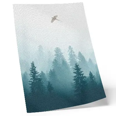Poster nebbia leggera con uccello della foresta sopra gli alberi