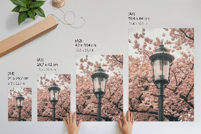 Stampa su tela Alberi rosa, lanterne nere, atmosfera nostalgica