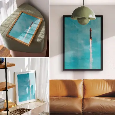 Poster raffigurante un razzo che si innalza nel cielo azzurro