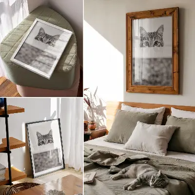 Poster gatto dietro la superficie con design minimalista in bianco e nero