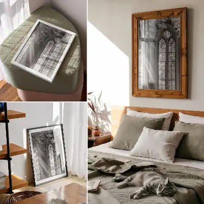 Poster vecchie finestre gotiche in cui la luce lascia un mistero