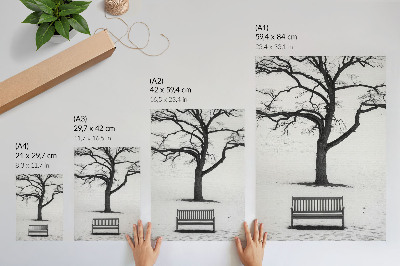 Foto su tela Paesaggio minimalista con un albero e una panchina.