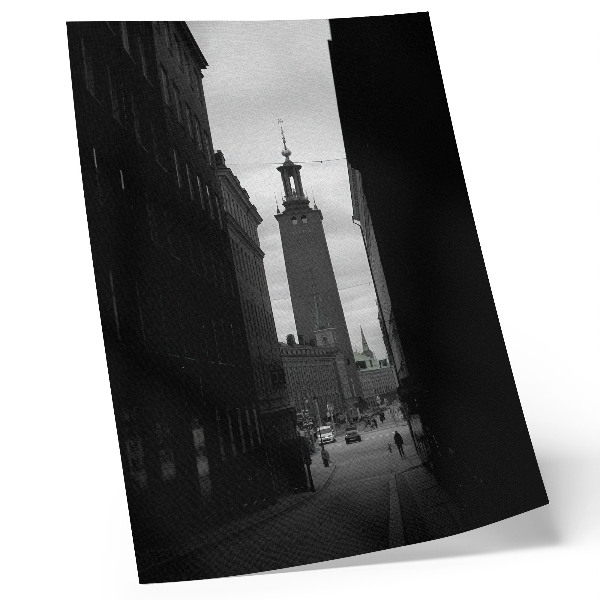 Foto su tela Strada in bianco e nero con una torre al centro monumentale.