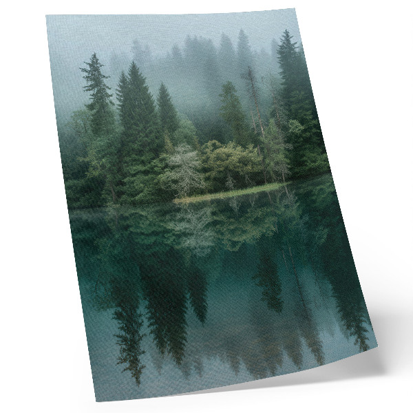 Poster Il verde della foresta si riflette nell'acqua attraverso la nebbia.