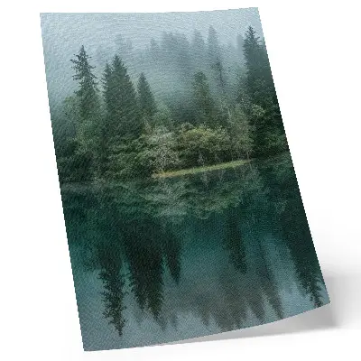 Poster il verde della foresta che si riflette nell'acqua attraverso la nebbia