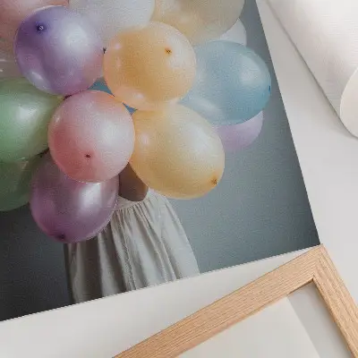 Poster con palloncini color pastello su sfondo grigio