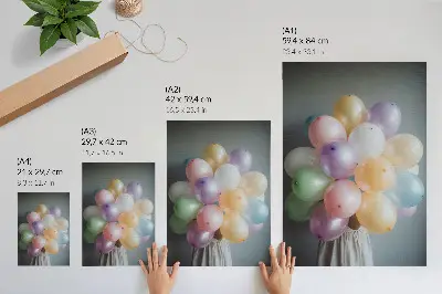 Poster con palloncini color pastello su sfondo grigio
