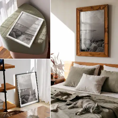 Poster paesaggio tranquillo con ponte e spiaggia rocciosa sotto un cielo grigio