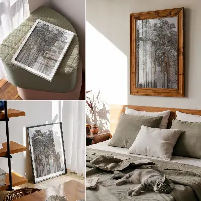 Poster paesaggio di foresta invernale con alberi innevati all'insegna di pace e armonia