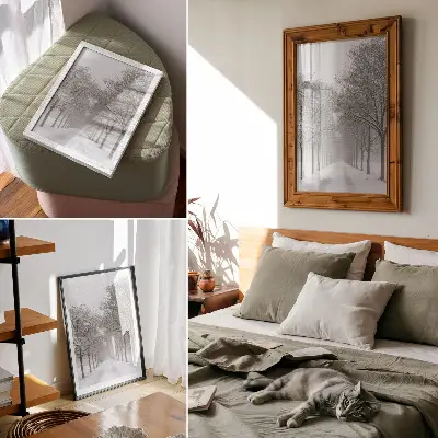 Poster viale simmetrico di alberi invernali con neve e nebbia