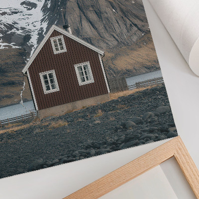 Stampa su tela Paesaggio montano, casa in legno, cime innevate