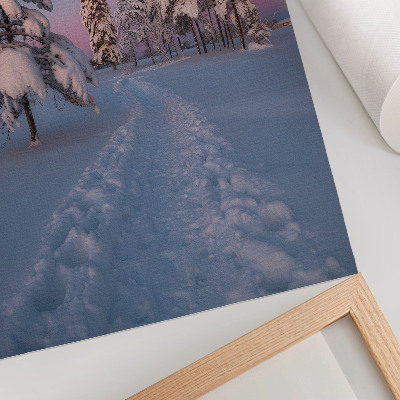 Foto su tela Paesaggio invernale con alberi innevati e la luna