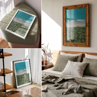 Poster spiaggia con onde turchesi e palme che ispira armonia e pace