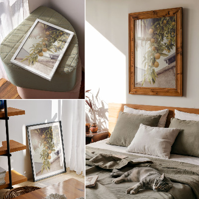 Poster Ramo d'albero sole foglie verdi arancioni