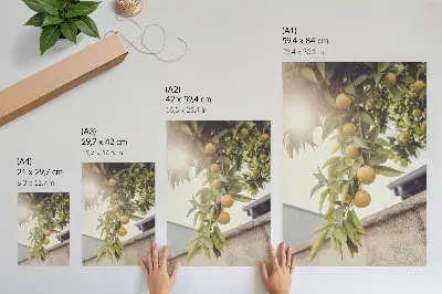 Poster ramo d'albero con sole e foglie verdi e arancioni