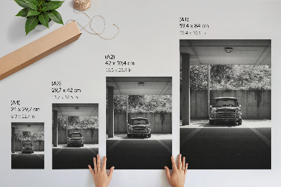 Foto su tela Auto d'epoca in bianco e nero nel garage