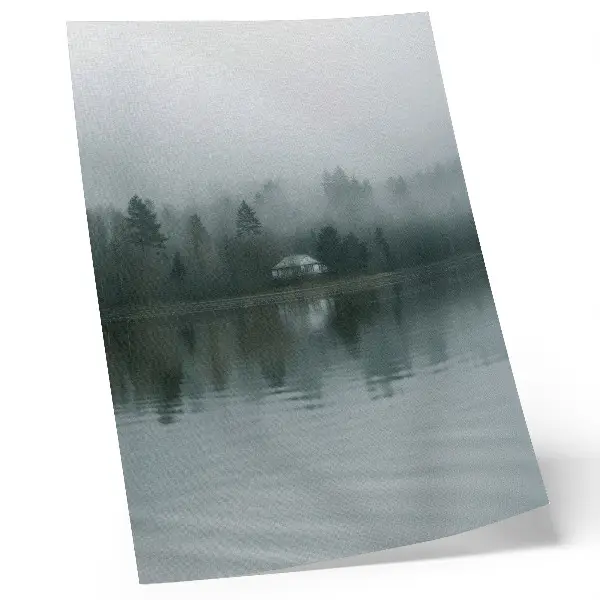 Poster paesaggio tranquillo con nebbia, alberi, casa e riflesso