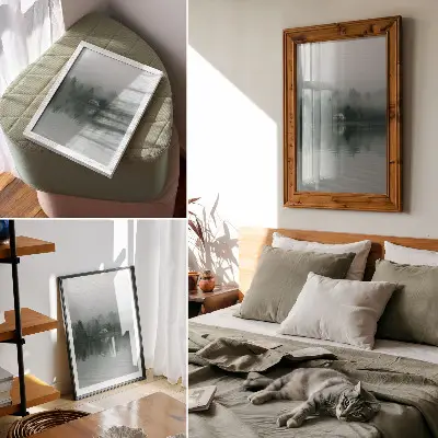 Poster paesaggio tranquillo con nebbia, alberi, casa e riflesso
