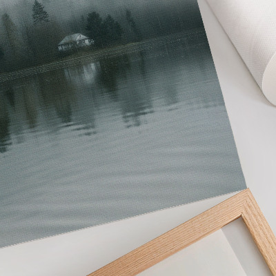 Poster Nebbia, alberi, casa, riflesso, paesaggio tranquillo