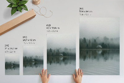 Poster Nebbia, alberi, casa, riflesso, paesaggio tranquillo