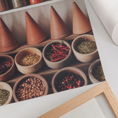 Foto su tela Spezie in barattoli, legno, ceramica, colori caldi