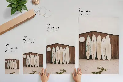 Poster tavole da surf su parete di legno verde delicato