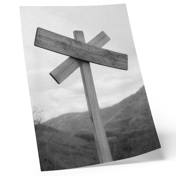 Poster Cartello in legno con un paesaggio montano sullo sfondo, in bianco e nero.