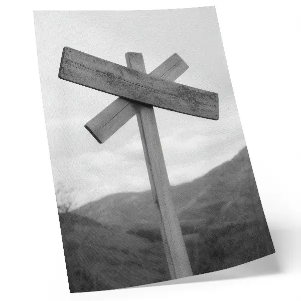 Poster decorazione in legno con paesaggio montano in bianco e nero