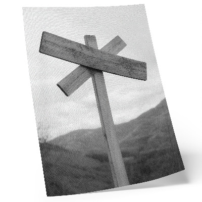 Poster Cartello in legno con un paesaggio montano sullo sfondo, in bianco e nero.
