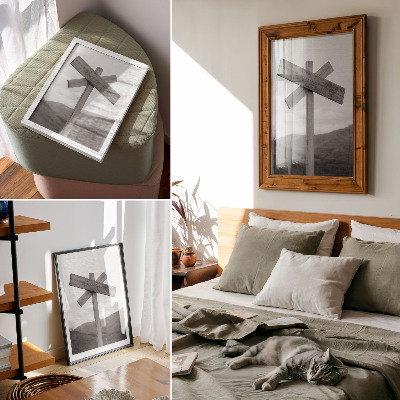 Poster Cartello in legno con un paesaggio montano sullo sfondo, in bianco e nero.