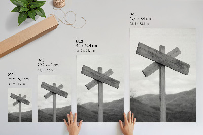 Poster Cartello in legno con un paesaggio montano sullo sfondo, in bianco e nero.