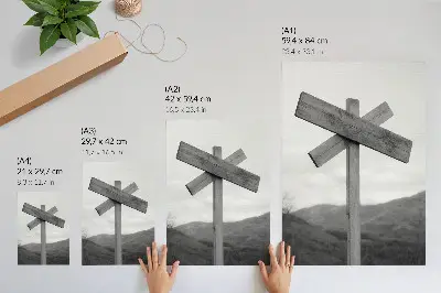 Poster decorazione in legno con paesaggio montano in bianco e nero