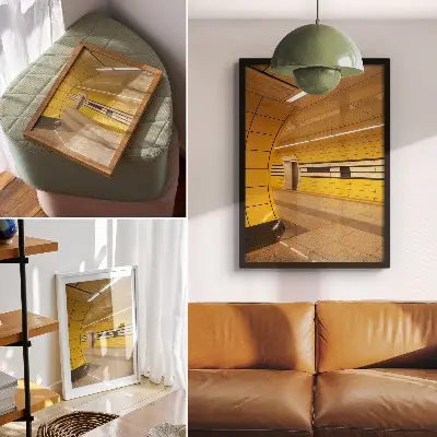 Poster con motivi dinamici e luminosi in uno spazio futuristico armonioso