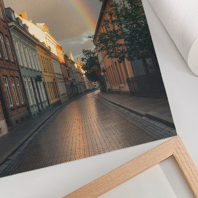 Stampa su tela Case popolari colorate, arcobaleno, cielo nuvoloso