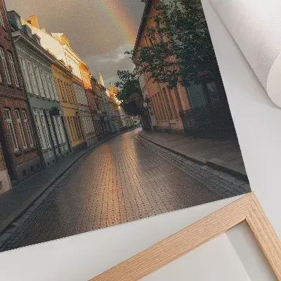 Stampa su tela case popolari colorate con arcobaleno e cielo nuvoloso