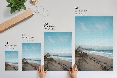 Stampa su tela Spiaggia, onde, casa sulla scogliera, colori pastello