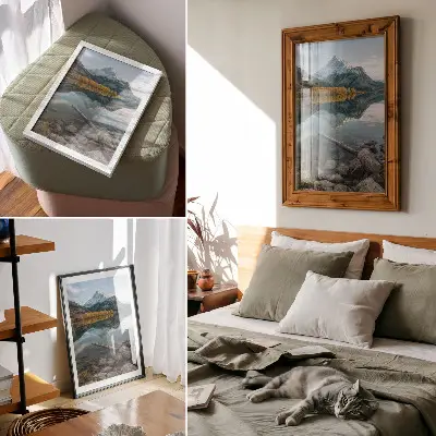 Poster paesaggio naturale con montagne e alberi che si riflettono sul lago