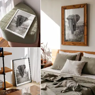 Poster con un grande elefante sullo sfondo di un paesaggio naturale