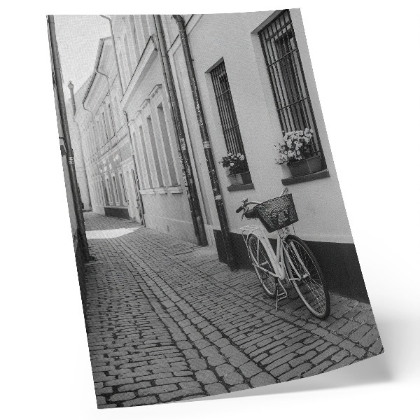Foto su tela Strada, case popolari, fiori, bicicletta, bianco e nero