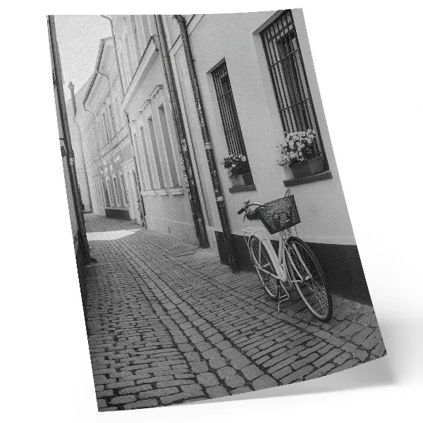 Foto su tela strada con case popolari, fiori e bicicletta in bianco e nero
