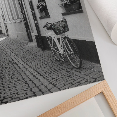 Foto su tela Strada, case popolari, fiori, bicicletta, bianco e nero