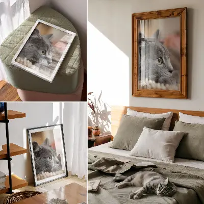 Poster gatto grigio con occhi verdi in primo piano