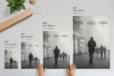 Poster figura con cappello, nebbia e ombrelli in un'atmosfera misteriosa
