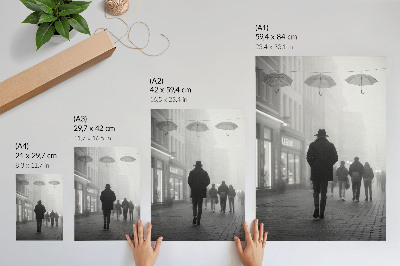 Poster Figura con cappello, nebbia, ombrelli, mistero
