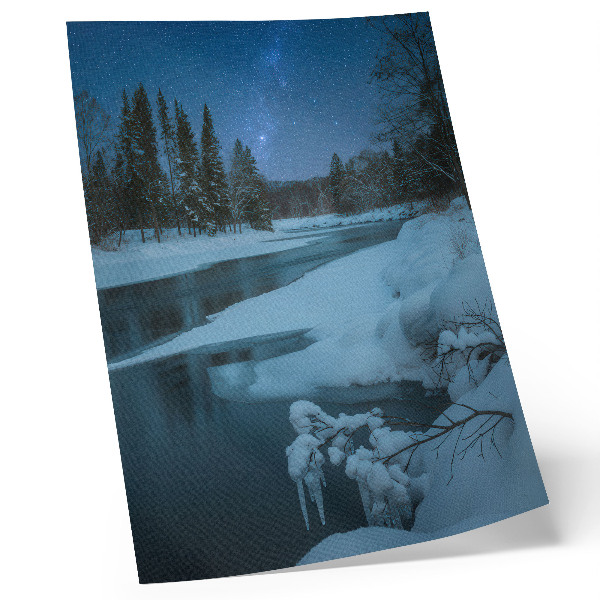 Poster Paesaggio invernale fiume alberi stelle
