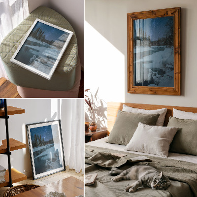 Poster Paesaggio invernale fiume alberi stelle