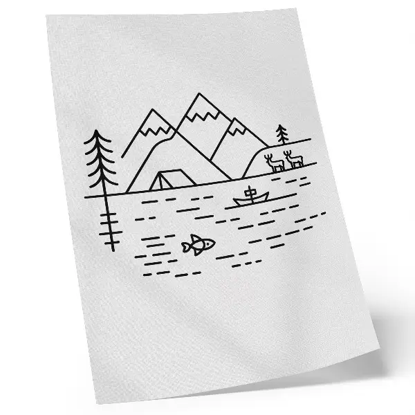 Poster con linea minimalista raffigurante montagne lago e animali