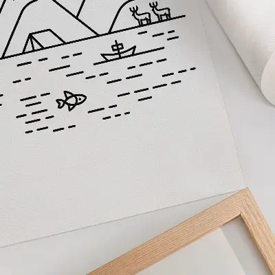 Poster con linea minimalista raffigurante montagne lago e animali